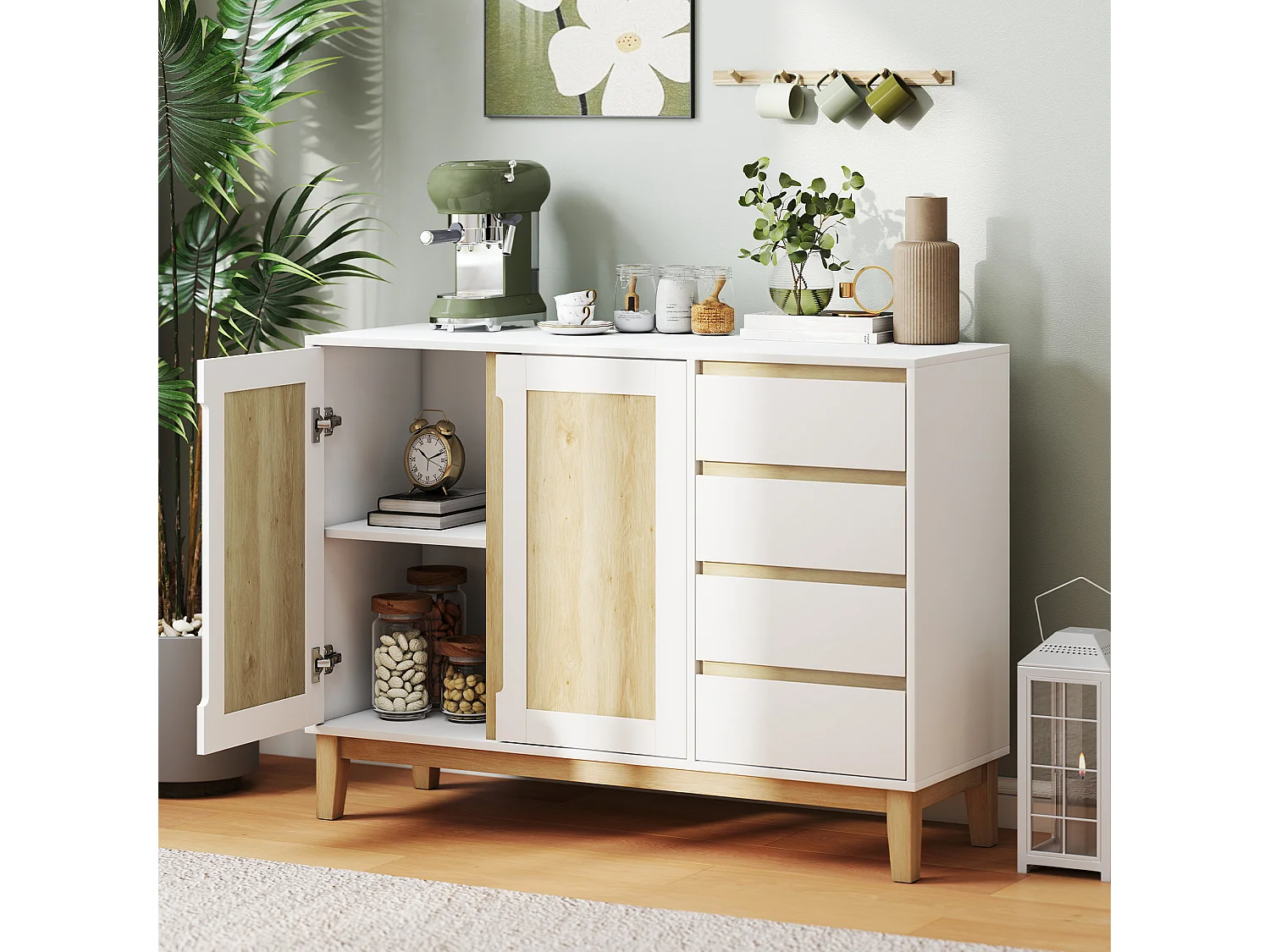 Buffet style nordique - 2 portes, étagère, 2 tiroirs - piètement bois banc effet bois clair