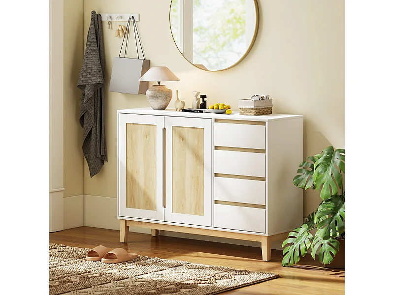 Buffet style nordique - 2 portes, étagère, 2 tiroirs - piètement bois banc effet bois clair