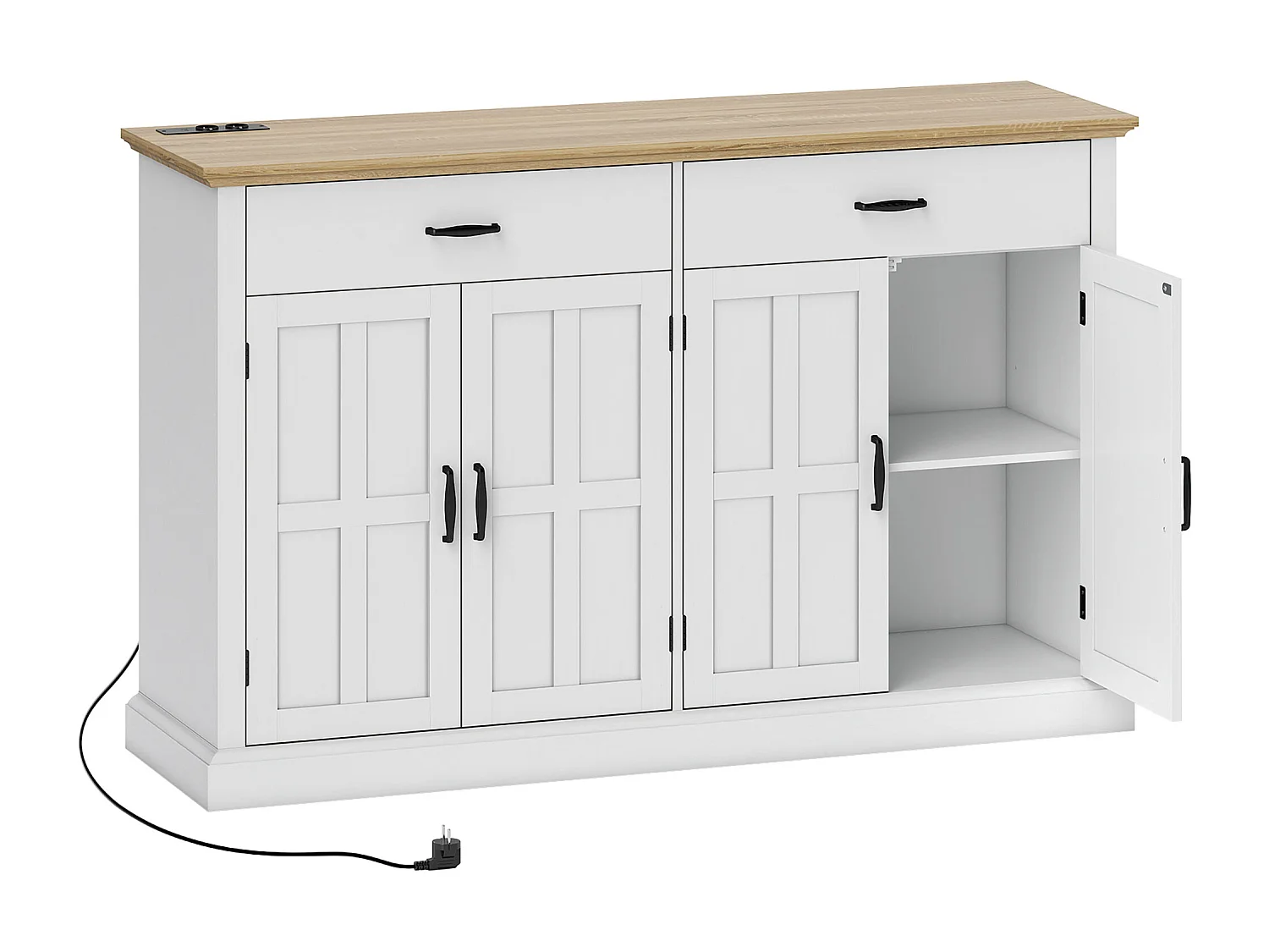 Buffet style rural chic - 4 portes 2 étagères 2 tiroirs - ports USB et multiprise intégrés - blanc effet bois chêne clair