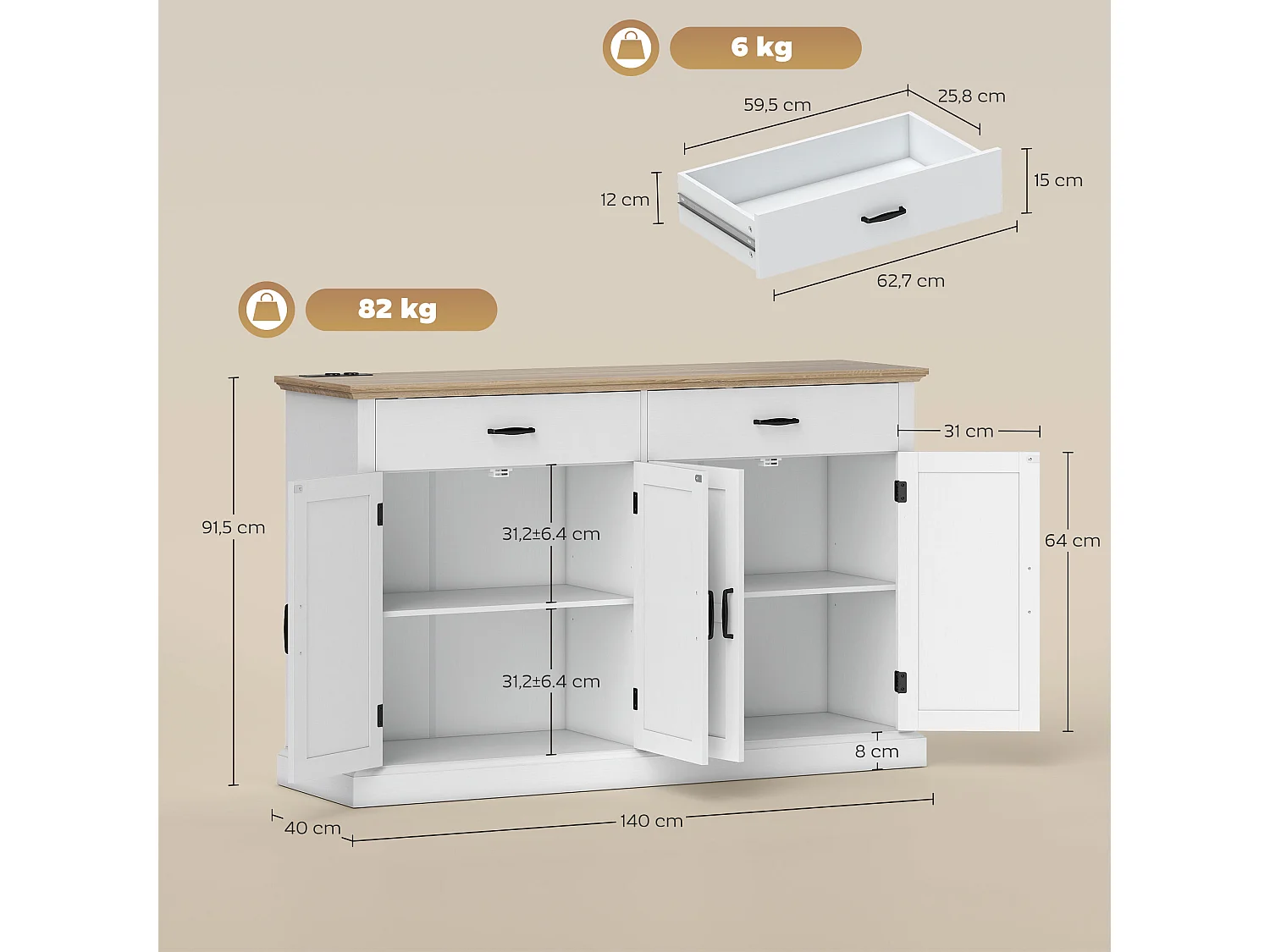 Buffet style rural chic - 4 portes 2 étagères 2 tiroirs - ports USB et multiprise intégrés - blanc effet bois chêne clair