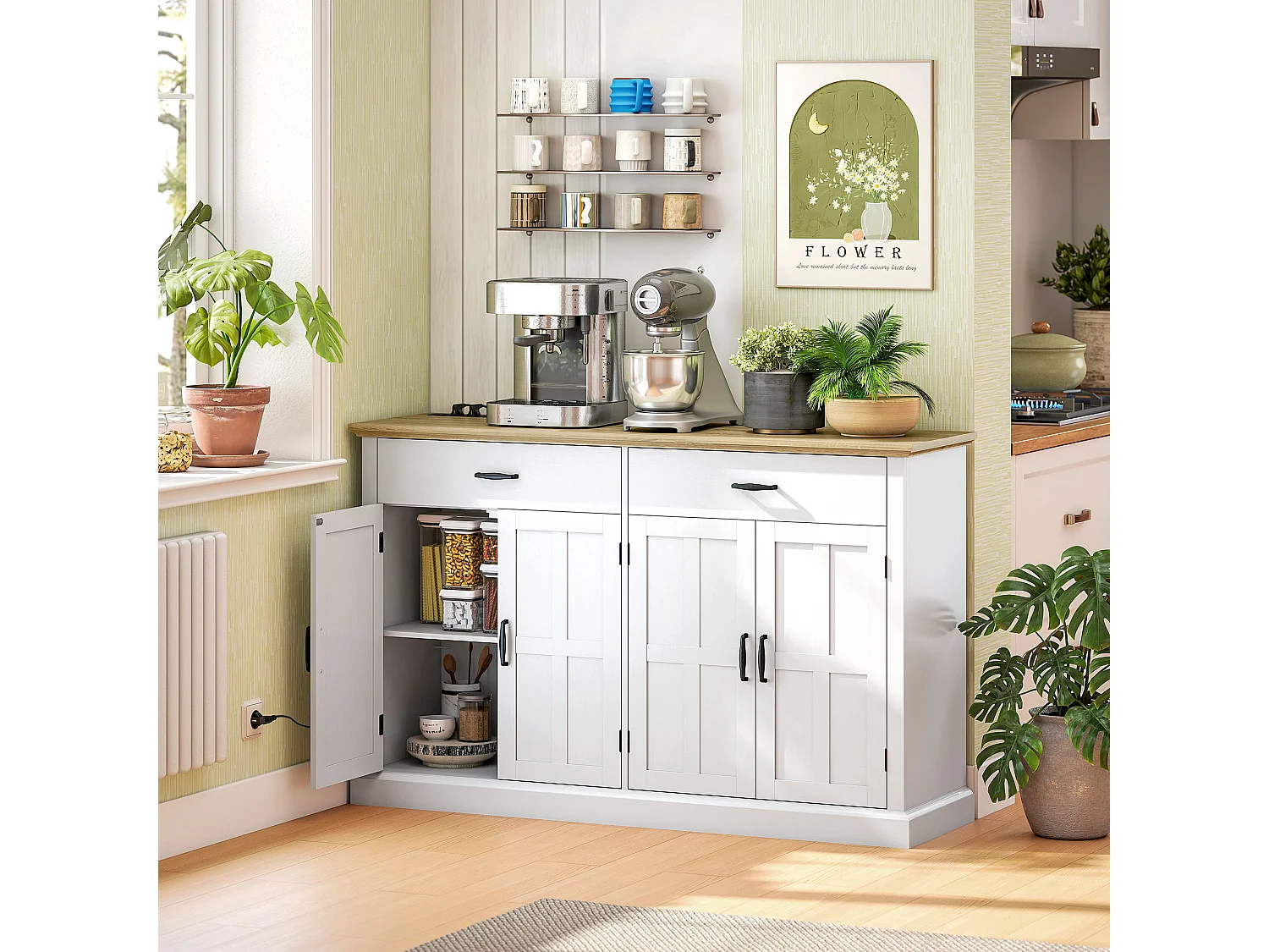 Buffet style rural chic - 4 portes 2 étagères 2 tiroirs - ports USB et multiprise intégrés - blanc effet bois chêne clair