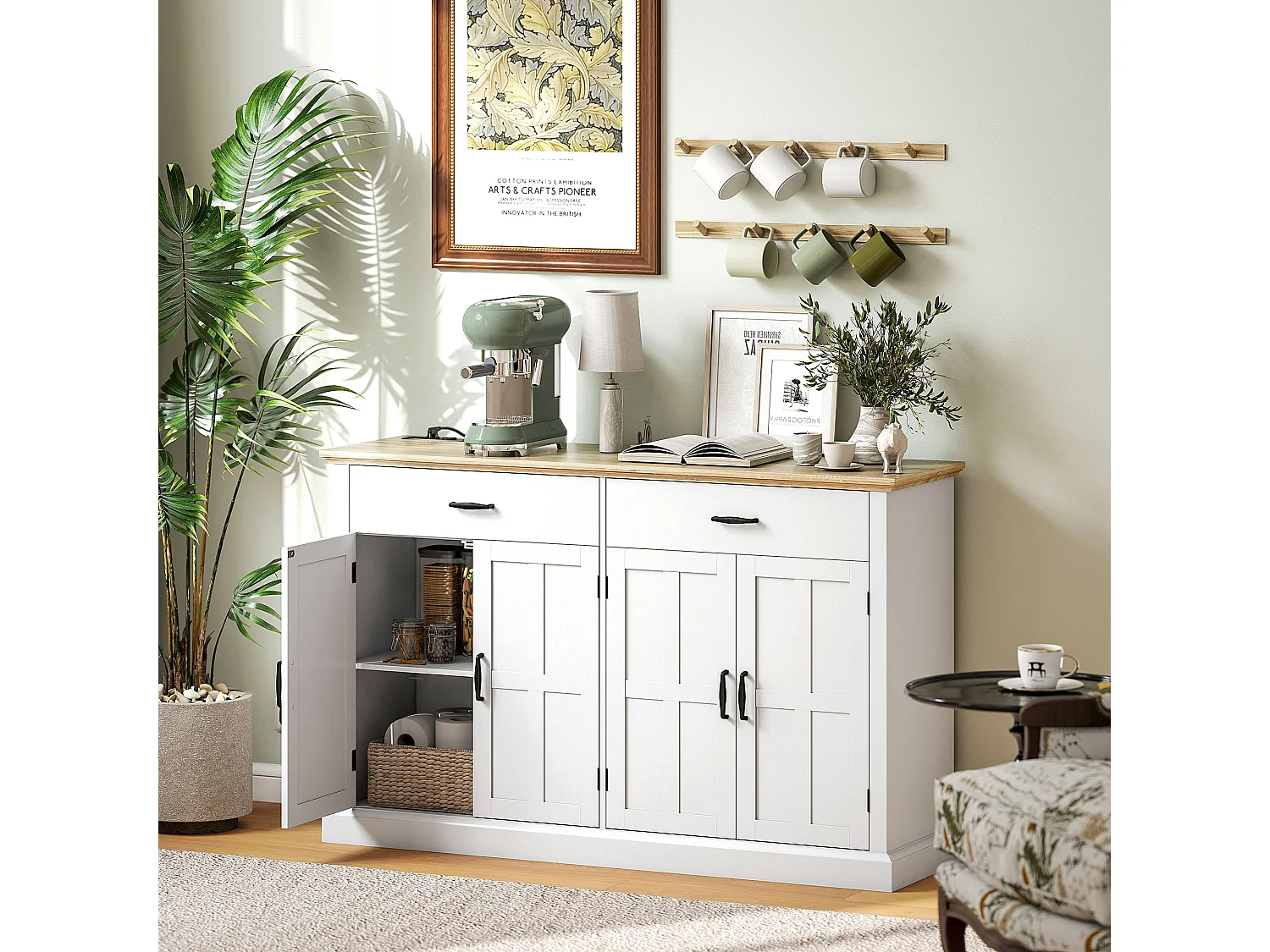 Buffet style rural chic - 4 portes 2 étagères 2 tiroirs - ports USB et multiprise intégrés - blanc effet bois chêne clair