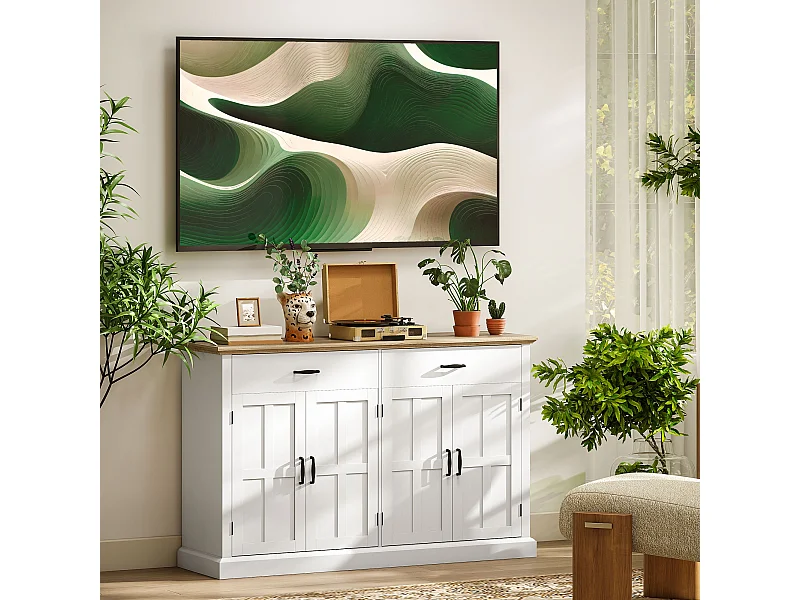 Buffet style rural chic - 4 portes 2 étagères 2 tiroirs - ports USB et multiprise intégrés - blanc effet bois chêne clair