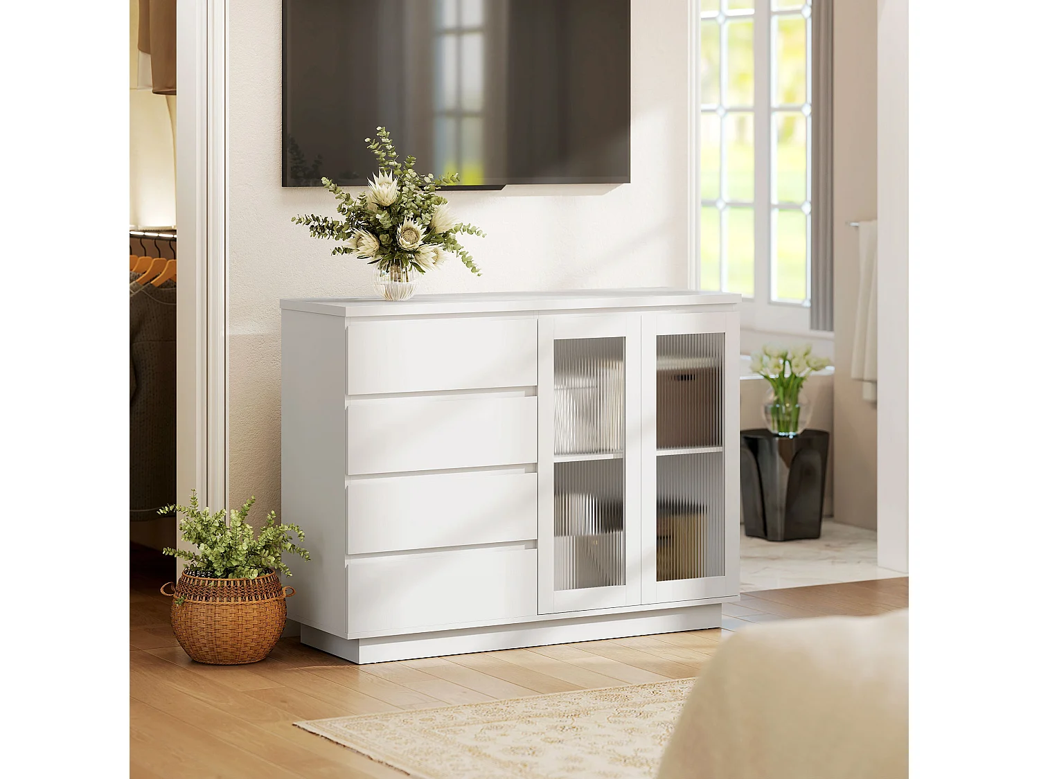 Buffet style contemporain blanc laqué 2 portes verre étagère 4 tiroirs dim. 120 x 40 x 91 cm blanc