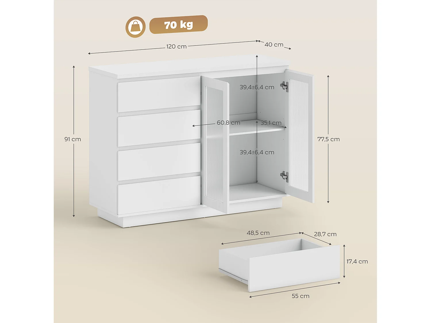 Buffet style contemporain blanc laqué 2 portes verre étagère 4 tiroirs dim. 120 x 40 x 91 cm blanc