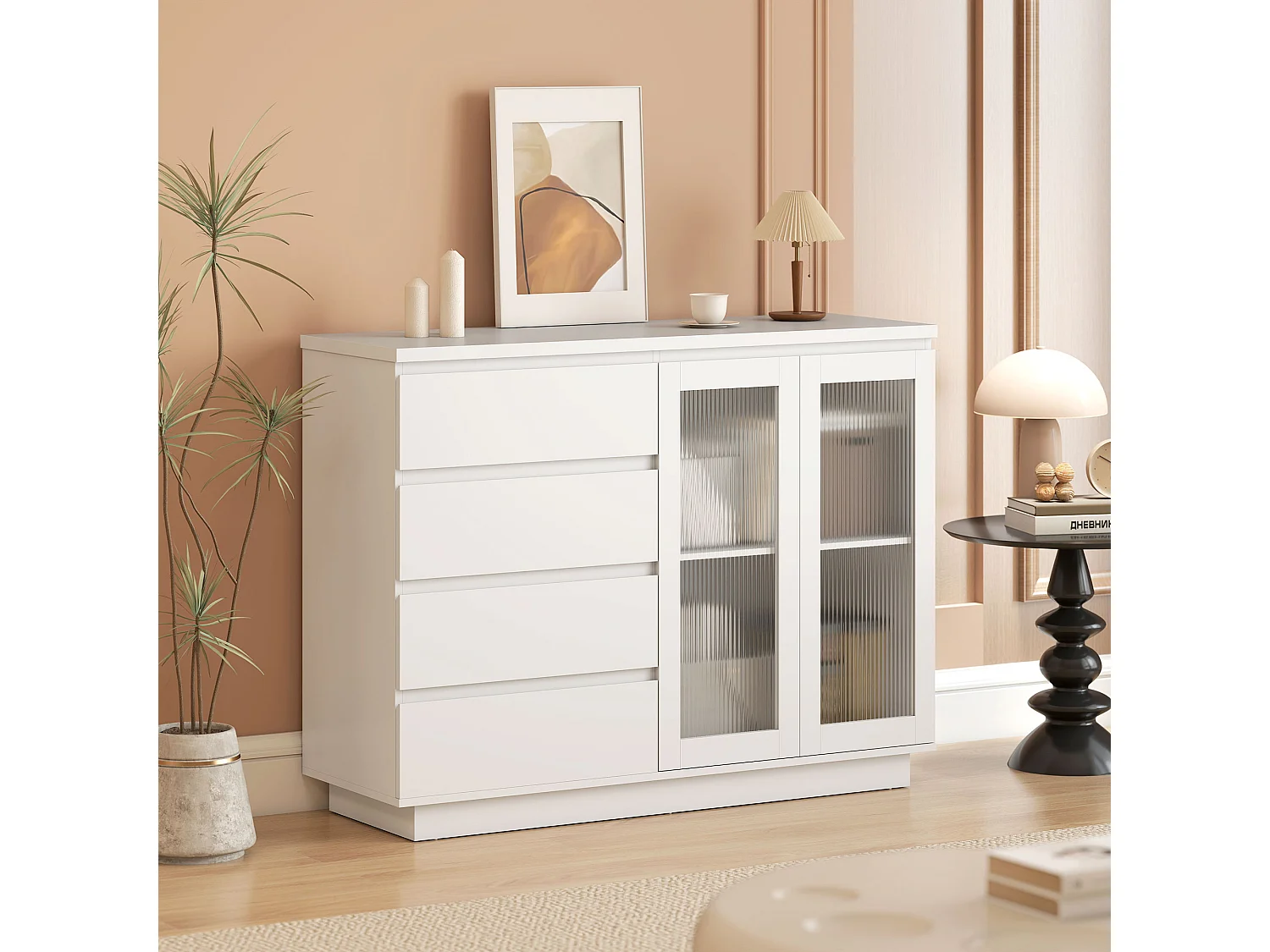 Buffet style contemporain blanc laqué 2 portes verre étagère 4 tiroirs dim. 120 x 40 x 91 cm blanc