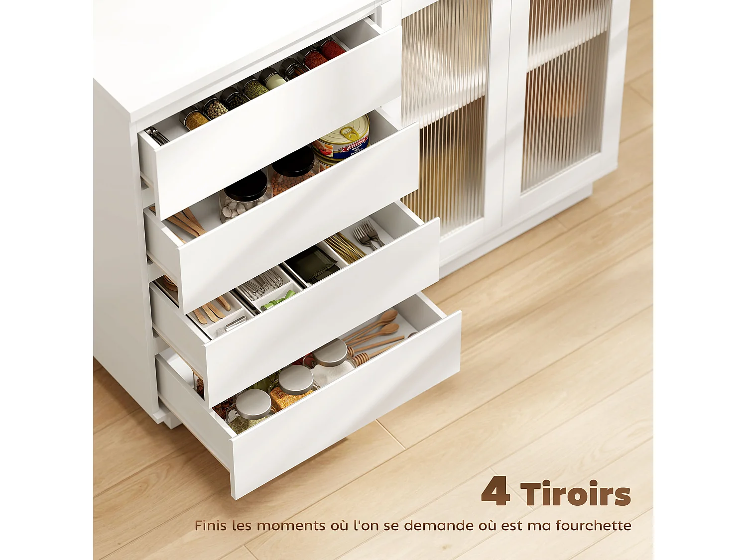 Buffet style contemporain blanc laqué 2 portes verre étagère 4 tiroirs dim. 120 x 40 x 91 cm blanc