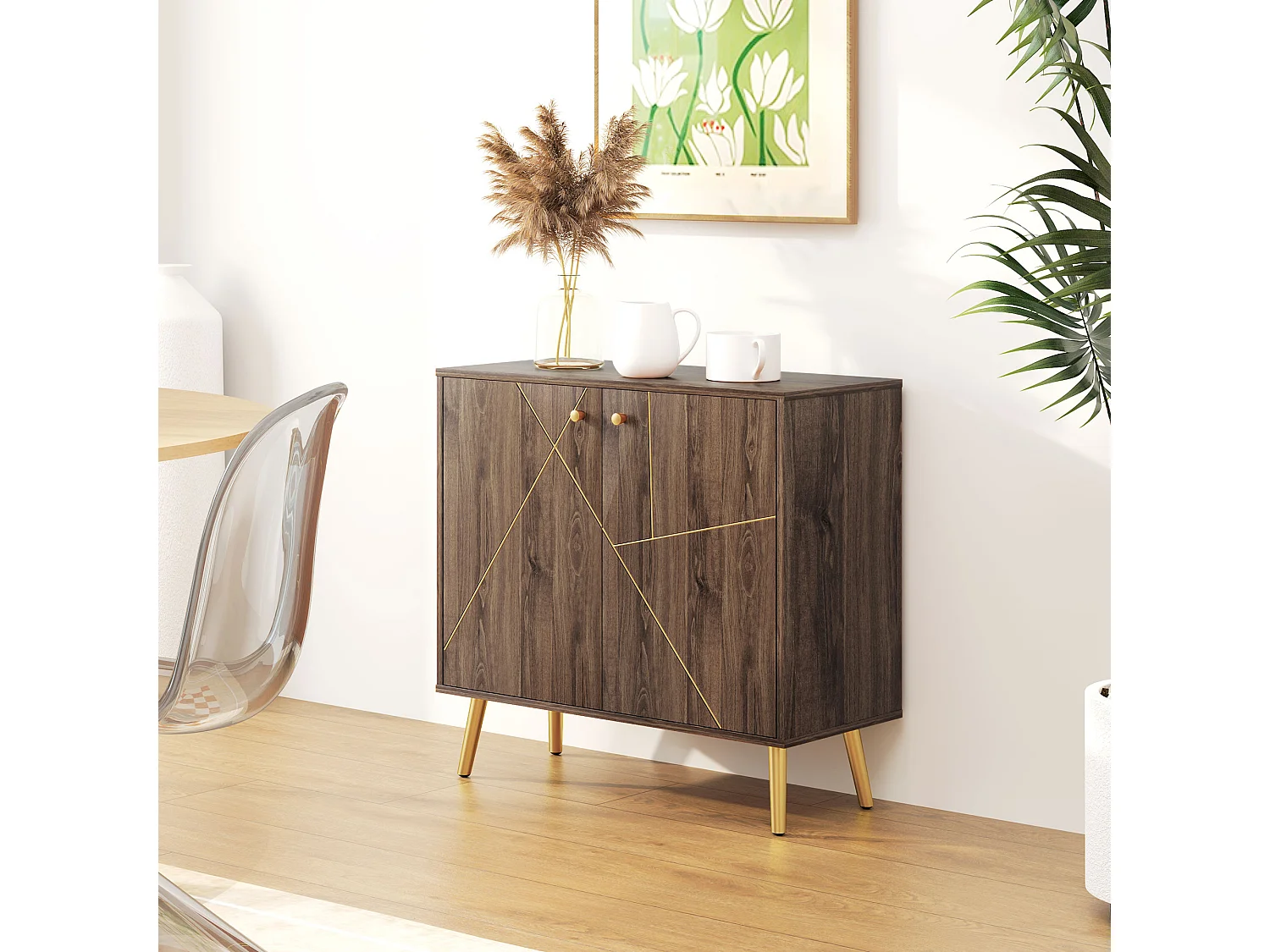 Buffet design - 2 portes, étagère - dim. 80 x 37 x 77 cm - doré effet bois