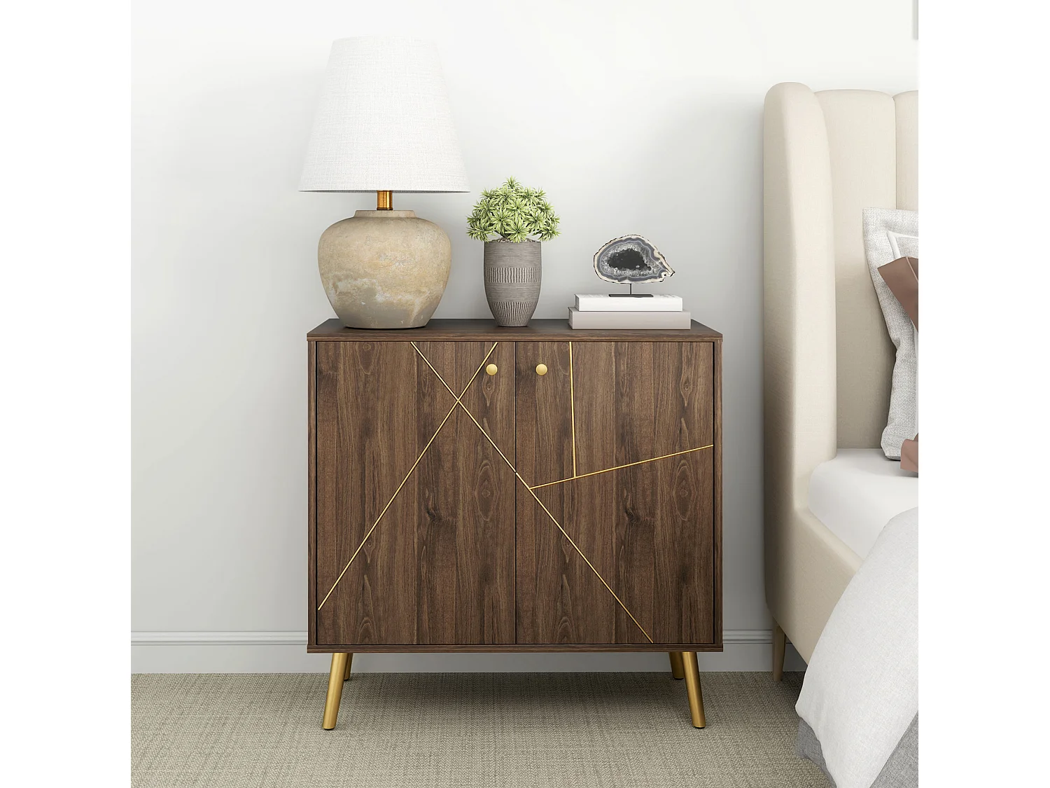 Buffet design - 2 portes, étagère - dim. 80 x 37 x 77 cm - doré effet bois