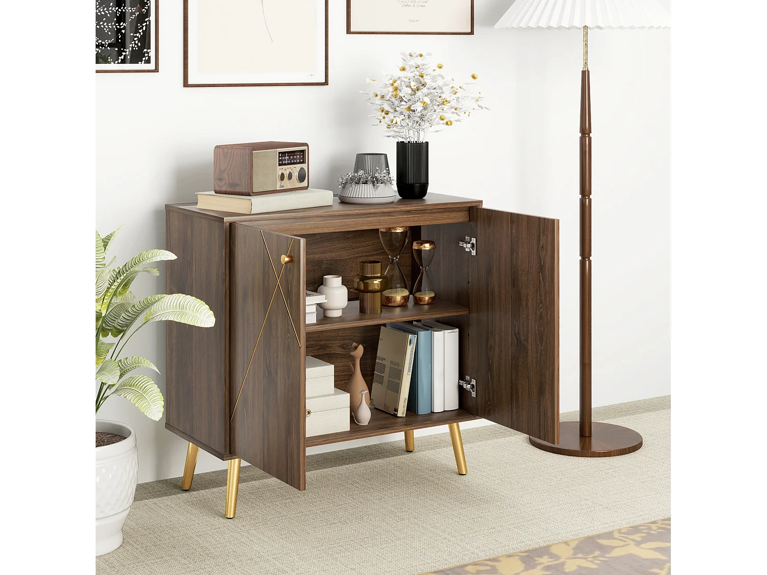 Buffet design - 2 portes, étagère - dim. 80 x 37 x 77 cm - doré effet bois