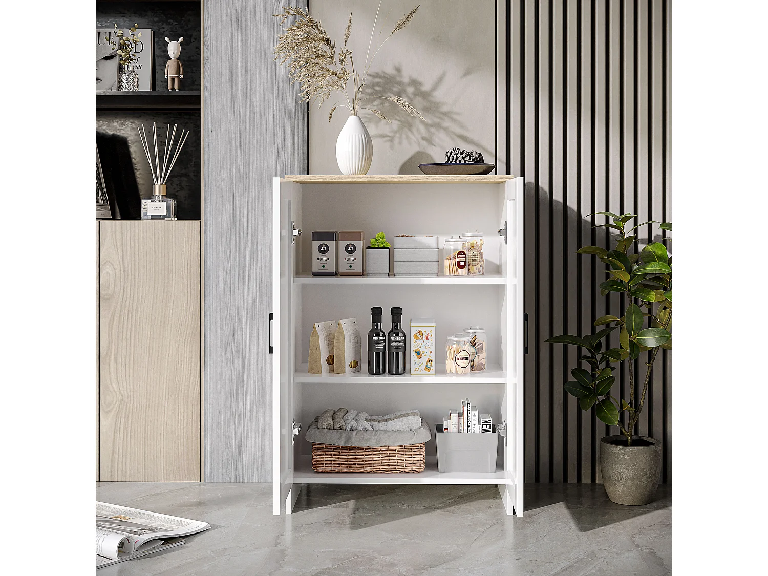 Buffet 2 portes 2 étagères bahut dim. 60 x 30 x 90 cm blanc effet bois clair