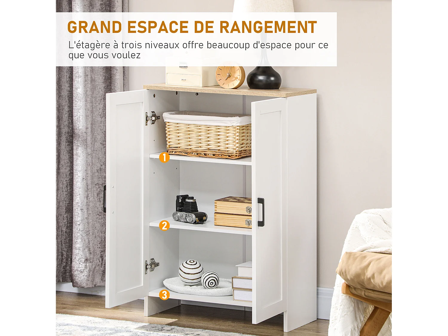 Buffet 2 portes 2 étagères bahut dim. 60 x 30 x 90 cm blanc effet bois clair