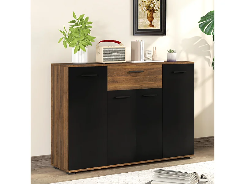 Buffet salon meuble de rangement avec 4 placards tiroirs et étagères réglables marron noir