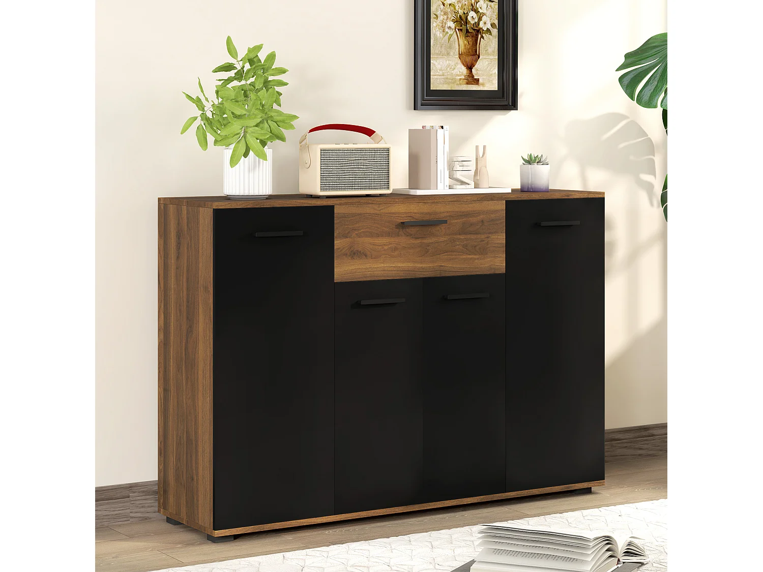 Buffet salon meuble de rangement avec 4 placards tiroirs et étagères réglables marron noir