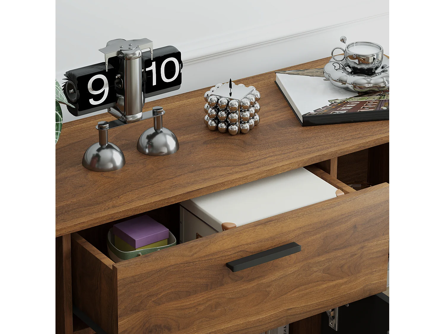 Buffet salon meuble de rangement avec 4 placards tiroirs et étagères réglables marron noir