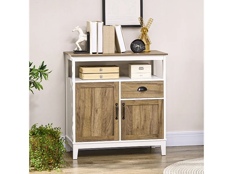 Buffet style campagne chic - 2 portes, étagère, tiroir, niche, plateau - poignées métal noir blanc effet bois