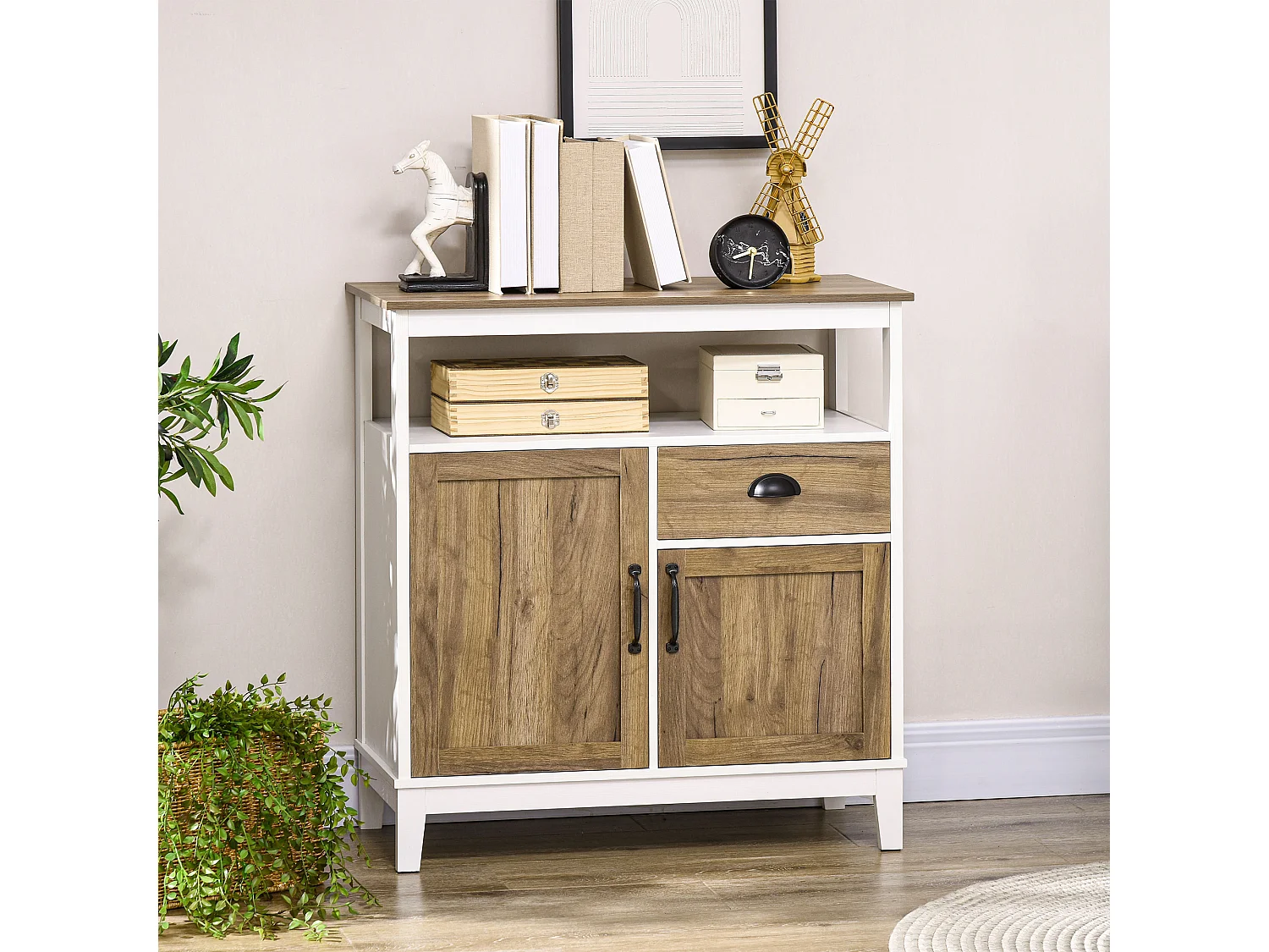 Buffet style campagne chic - 2 portes, étagère, tiroir, niche, plateau - poignées métal noir blanc effet bois