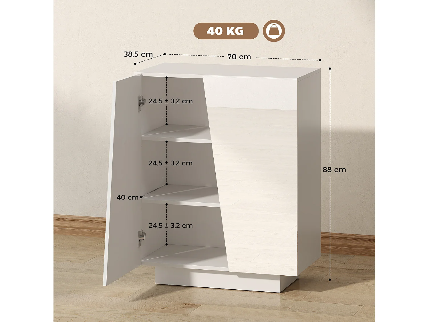 Buffet à Haute Brillance Moderne avec Placard Double Porte et Étagère Réglable - Blanc 70 x 40 x 88 cm
