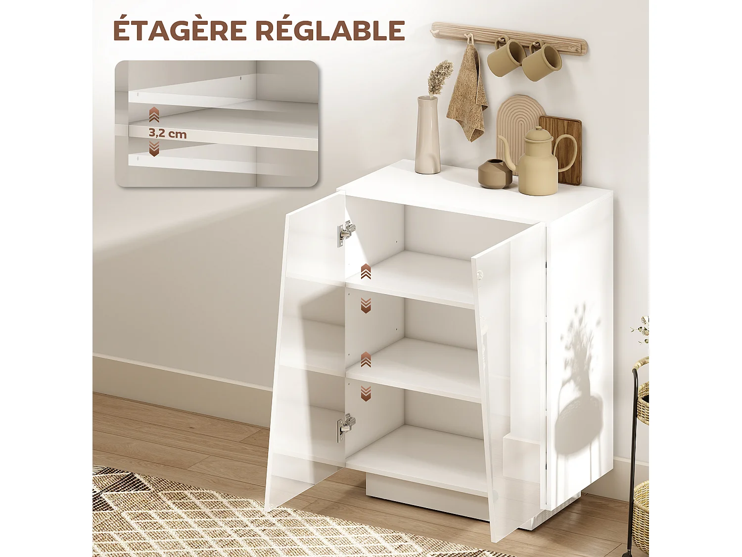 Buffet à Haute Brillance Moderne avec Placard Double Porte et Étagère Réglable - Blanc 70 x 40 x 88 cm