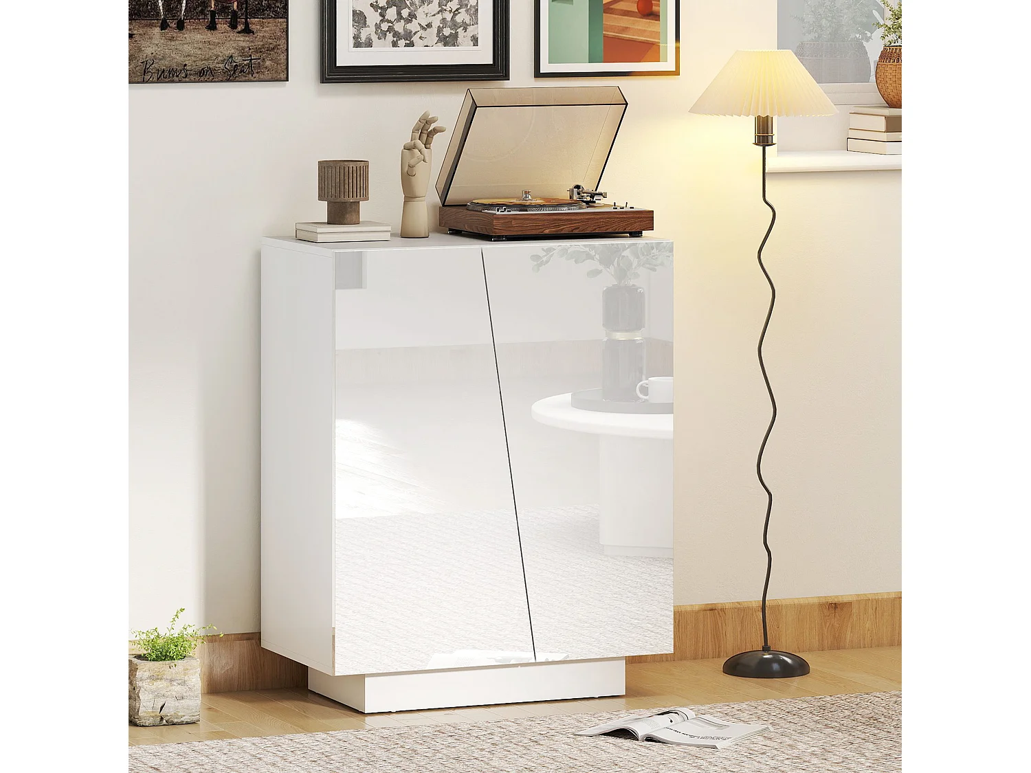 Buffet à Haute Brillance Moderne avec Placard Double Porte et Étagère Réglable - Blanc 70 x 40 x 88 cm