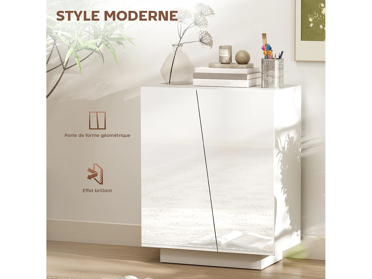 Buffet à Haute Brillance Moderne avec Placard Double Porte et Étagère Réglable - Blanc 70 x 40 x 88 cm