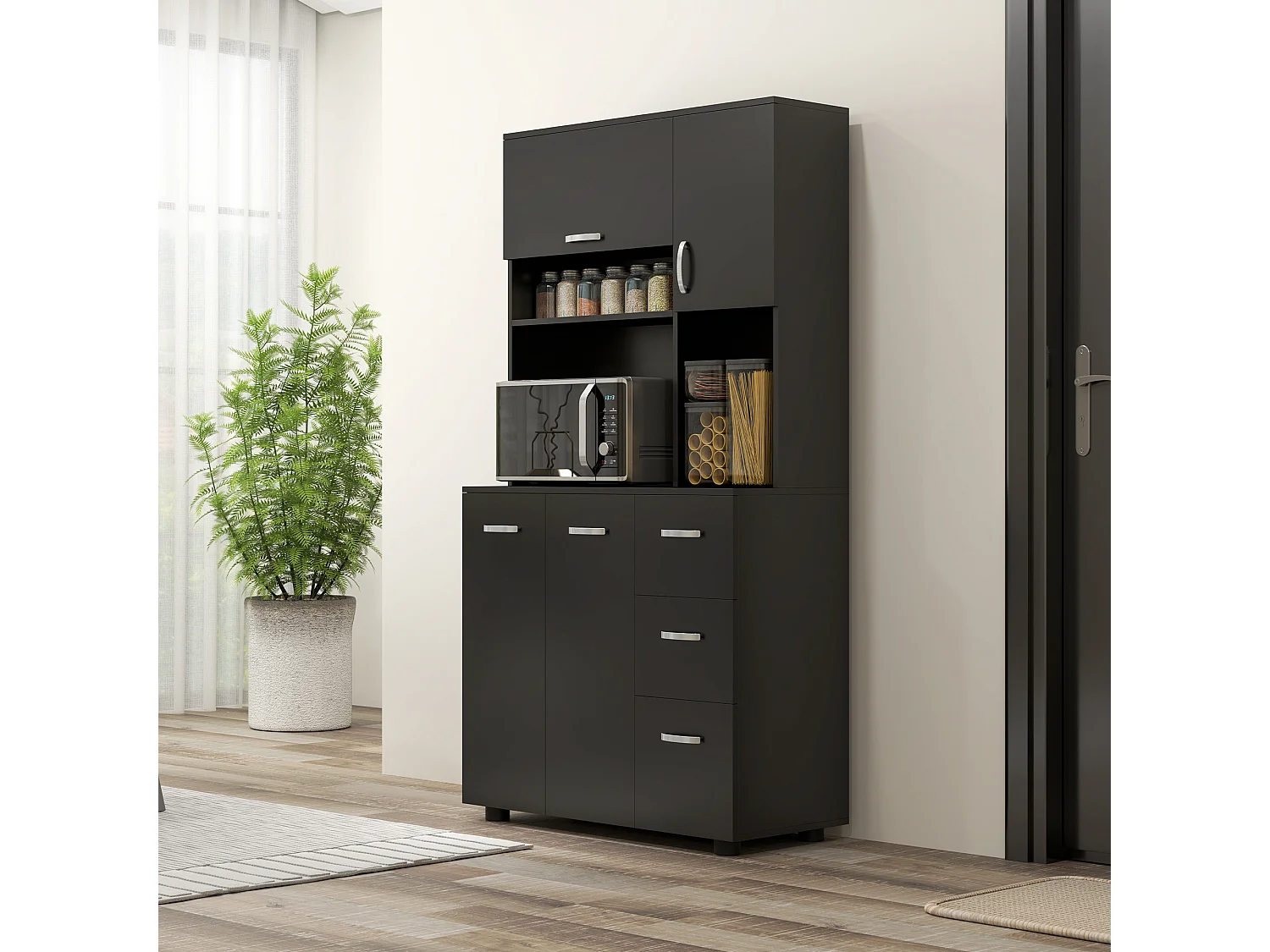 Buffet haut 4 portes 3 tiroirs 2 étagères 2 niches 89L x 39,5l x 168H cm noir
