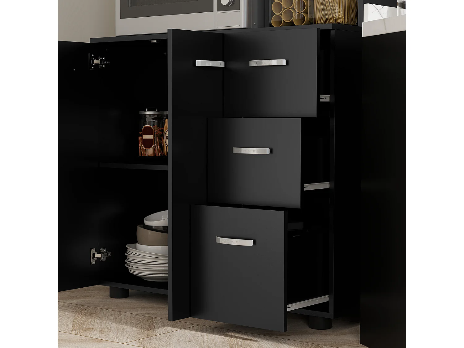 Buffet haut 4 portes 3 tiroirs 2 étagères 2 niches 89L x 39,5l x 168H cm noir