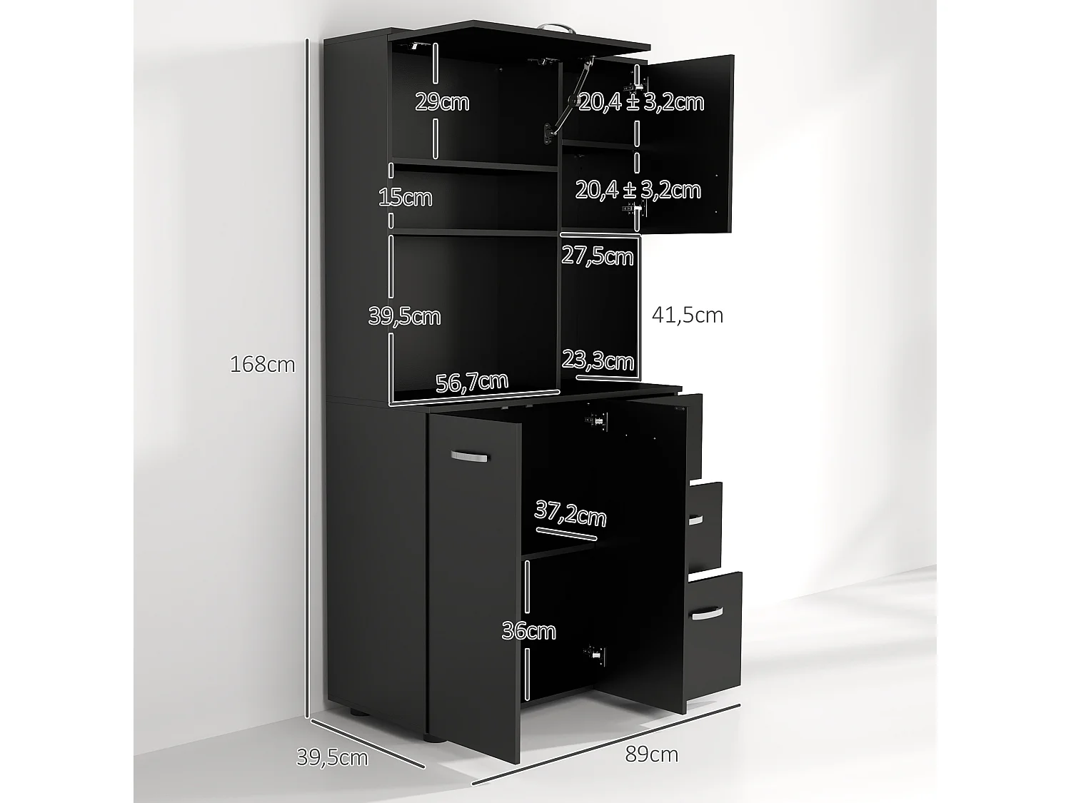 Buffet haut 4 portes 3 tiroirs 2 étagères 2 niches 89L x 39,5l x 168H cm noir