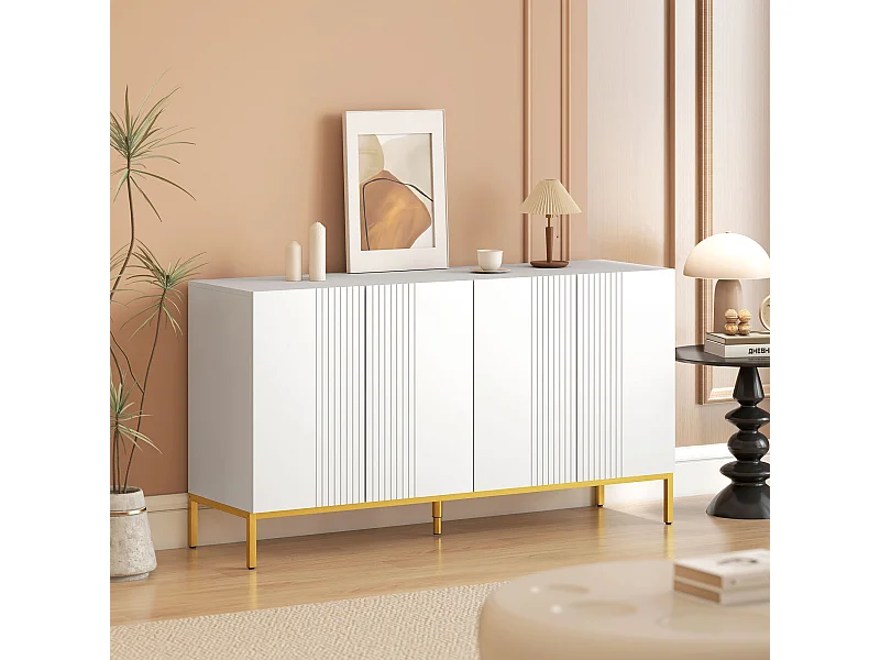 Buffet design contemporain graphique - 4 portes, 2 étagères - acier doré panneaux blanc