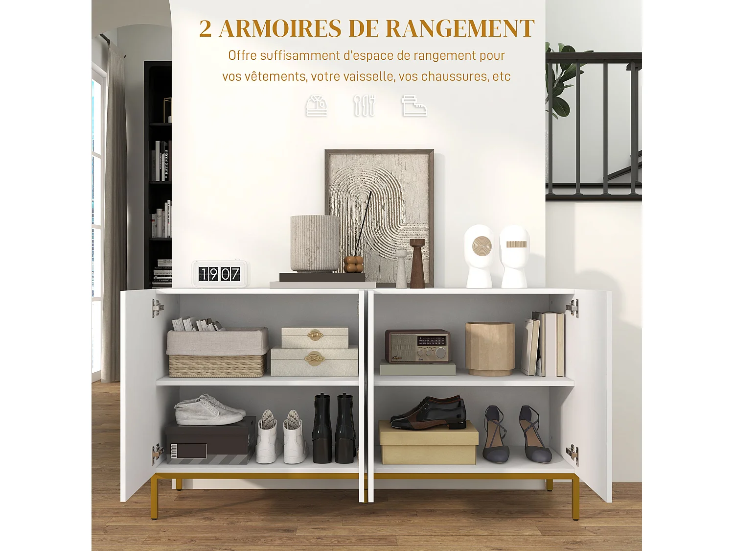 Buffet design contemporain graphique - 4 portes, 2 étagères - acier doré panneaux blanc