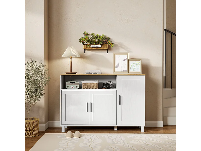 Buffet 3 portes 2 étagères niche dim. 110x33x75cm blanc plateau effet bois clair
