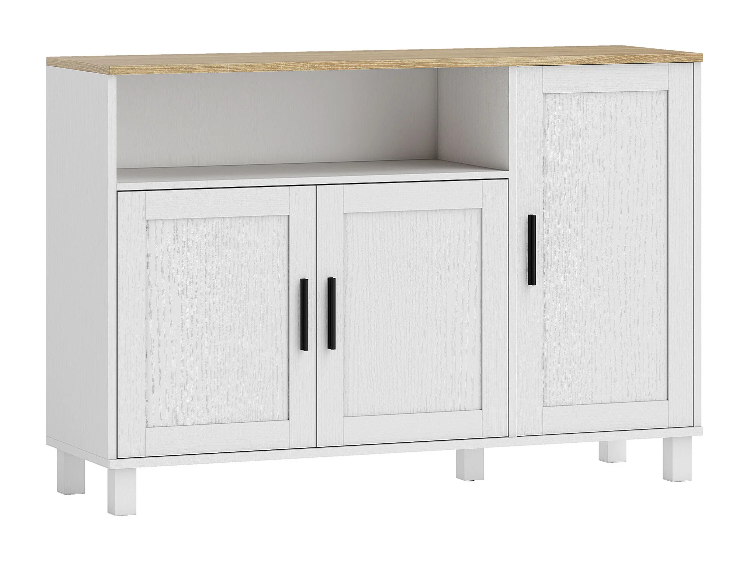 Buffet 3 portes 2 étagères niche dim. 110x33x75cm blanc plateau effet bois clair