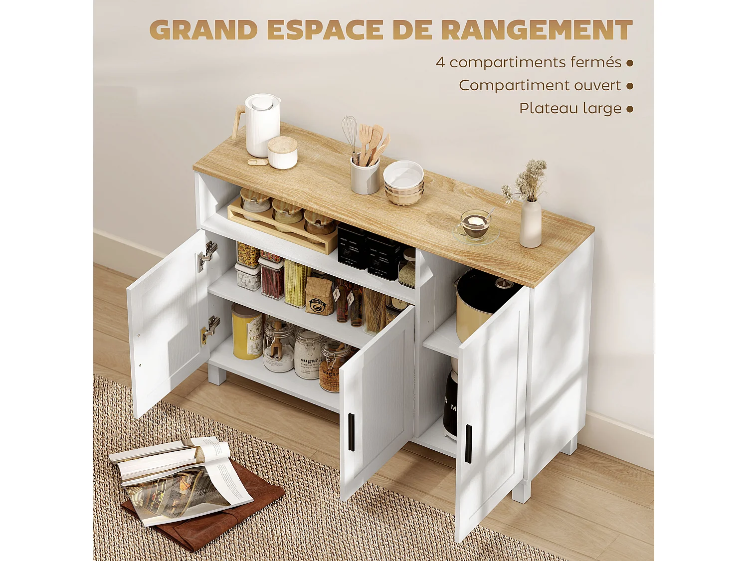 Buffet 3 portes 2 étagères niche dim. 110x33x75cm blanc plateau effet bois clair