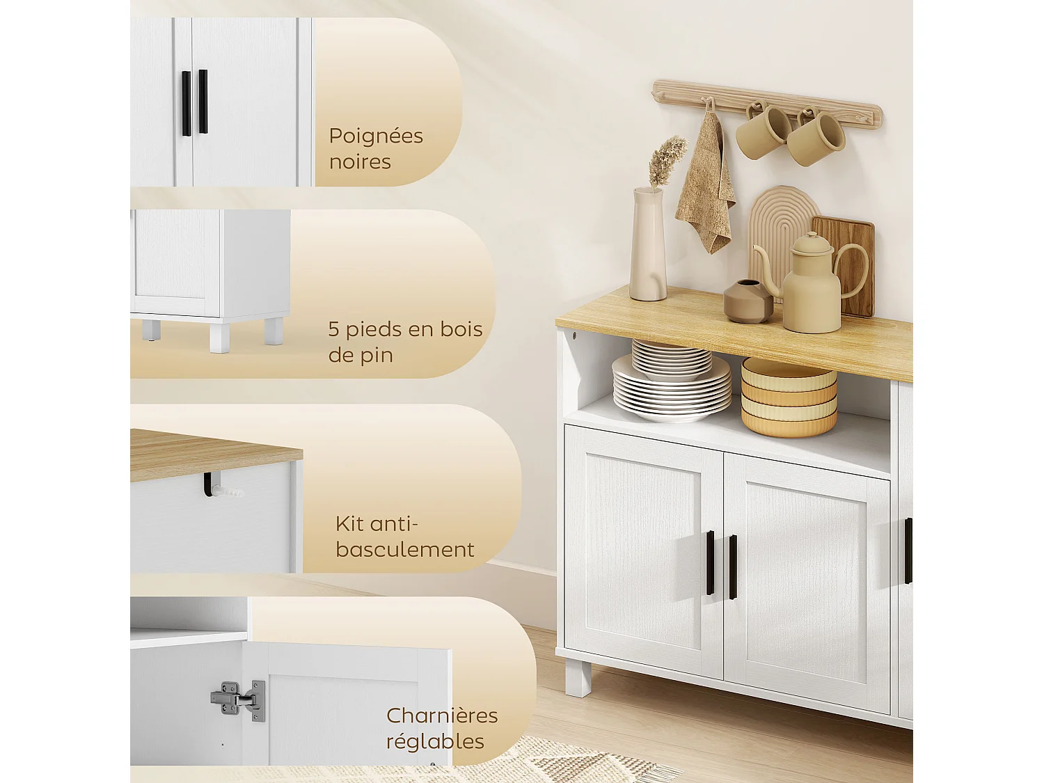 Buffet 3 portes 2 étagères niche dim. 110x33x75cm blanc plateau effet bois clair