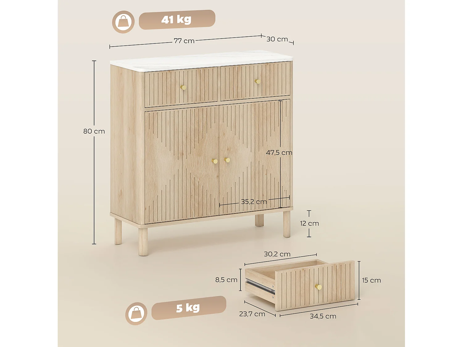 Buffet 2 portes style bois naturel plateau effet marbre blanc dim. 77 x 30 x 80 cm poignées métal doré