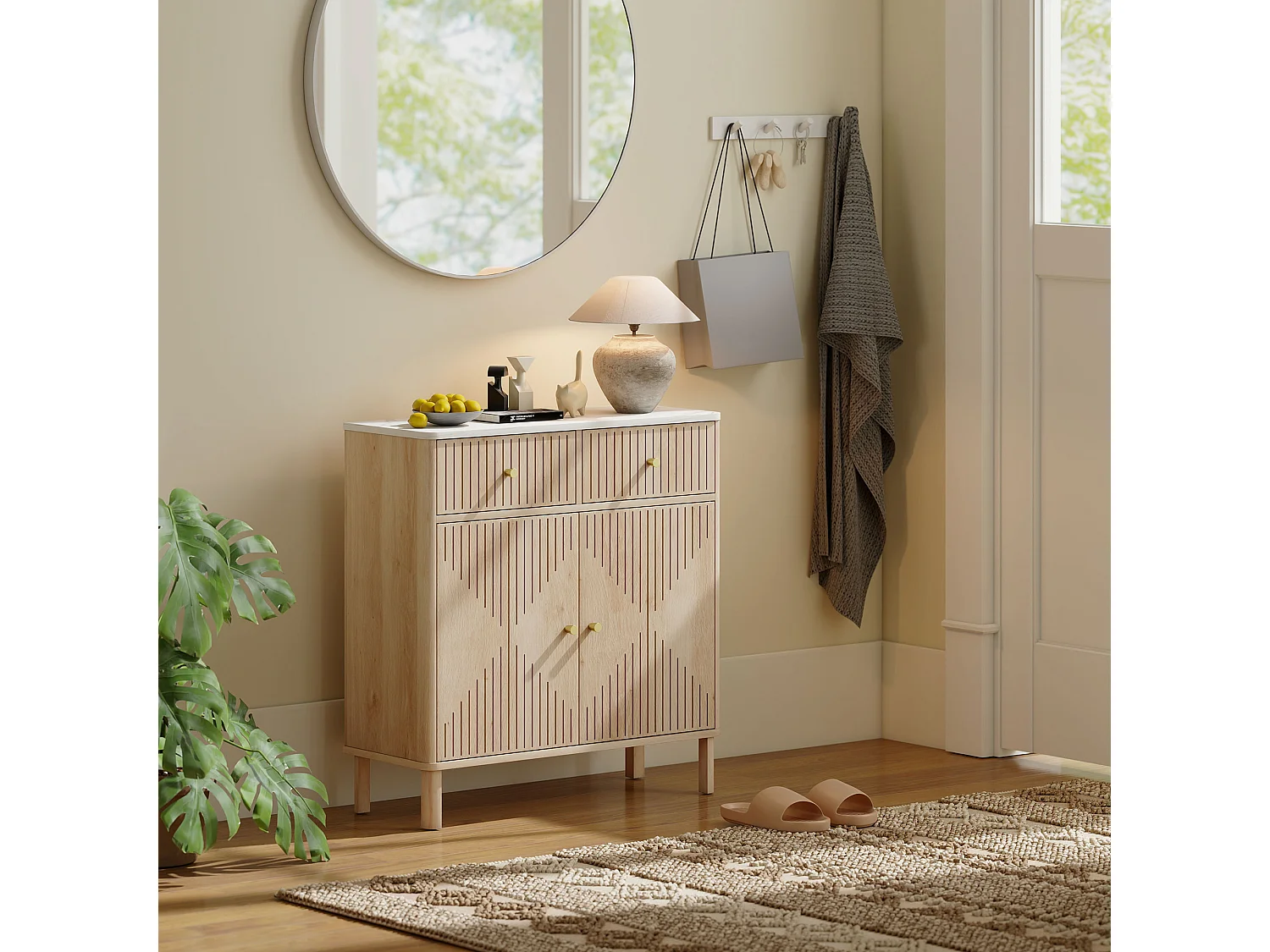 Buffet 2 portes style bois naturel plateau effet marbre blanc dim. 77 x 30 x 80 cm poignées métal doré