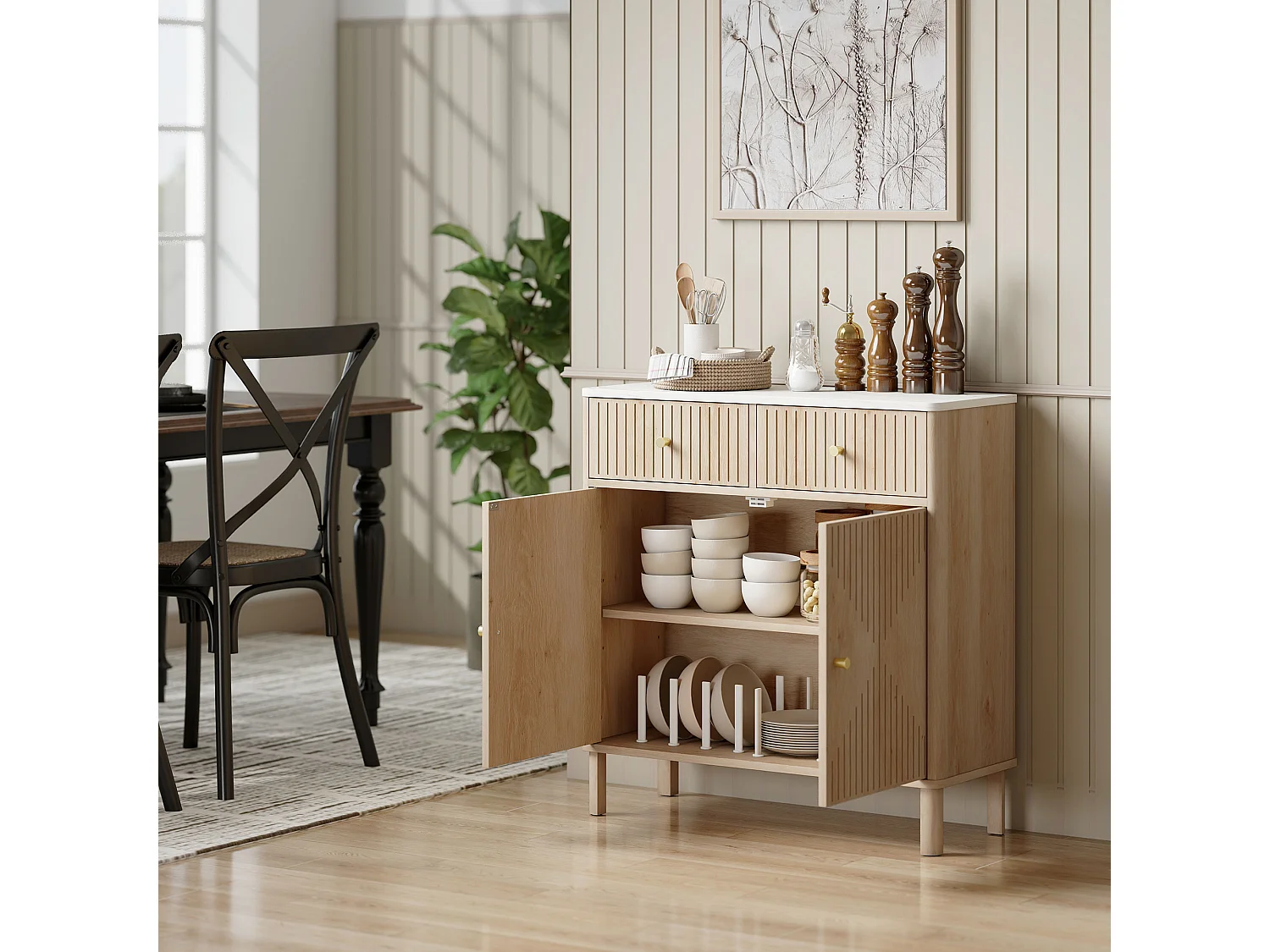 Buffet 2 portes style bois naturel plateau effet marbre blanc dim. 77 x 30 x 80 cm poignées métal doré