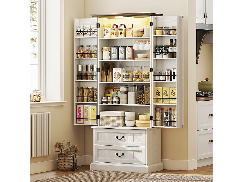 Buffet haut design LED - 2 portes 2 tiroirs 4 étagères 10 porte-épices - effet bois foncé blanc