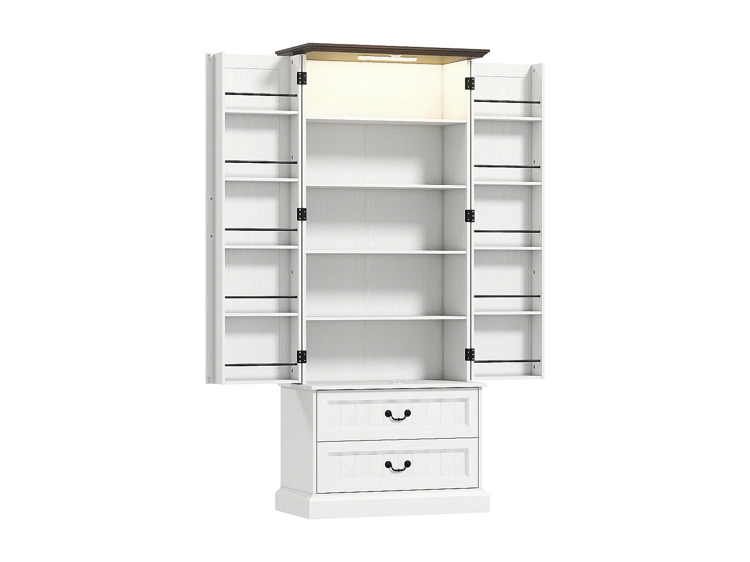 Buffet haut design LED - 2 portes 2 tiroirs 4 étagères 10 porte-épices - effet bois foncé blanc