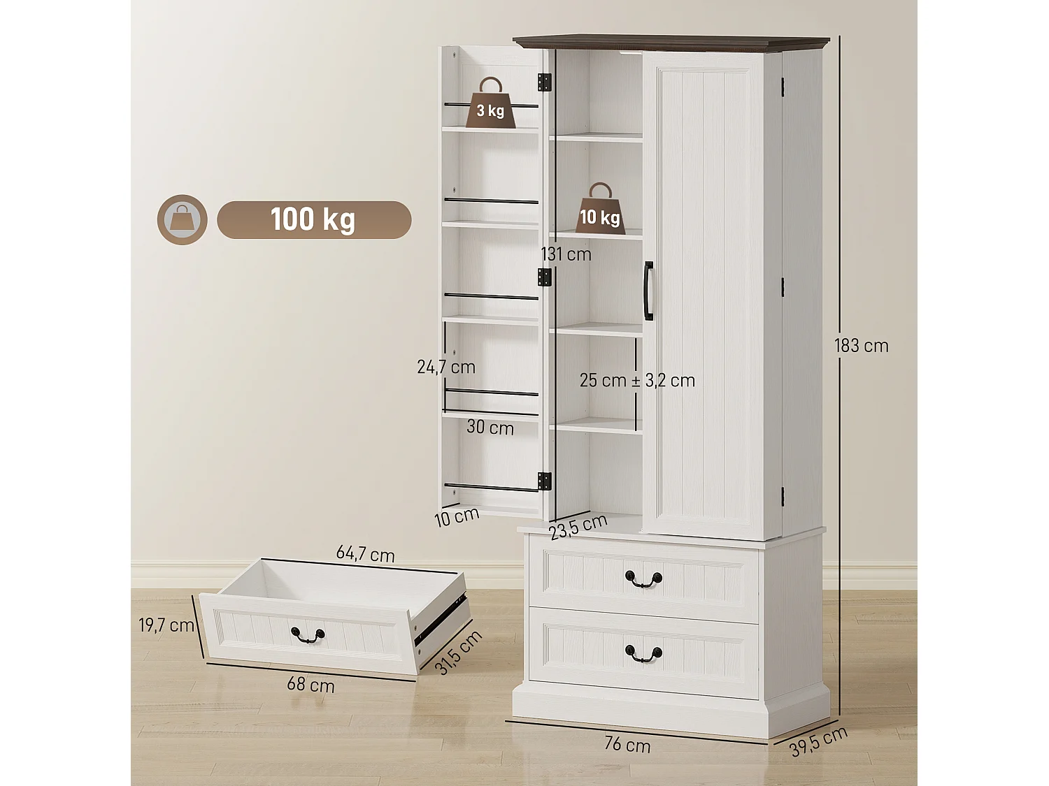 Buffet haut design LED - 2 portes 2 tiroirs 4 étagères 10 porte-épices - effet bois foncé blanc