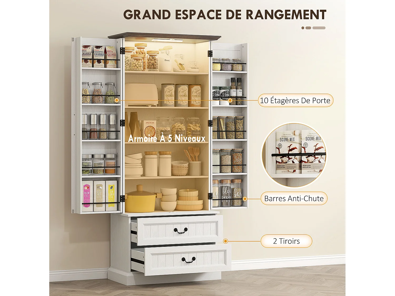 Buffet haut design LED - 2 portes 2 tiroirs 4 étagères 10 porte-épices - effet bois foncé blanc