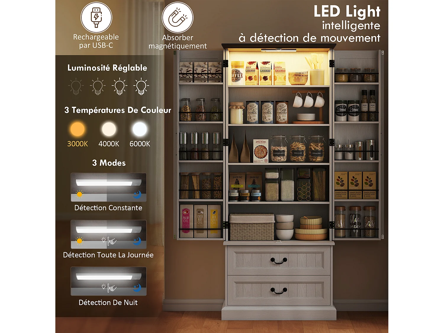 Buffet haut design LED - 2 portes 2 tiroirs 4 étagères 10 porte-épices - effet bois foncé blanc