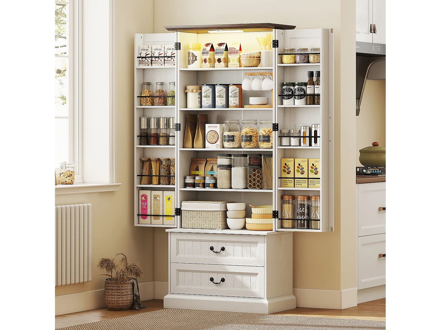 Buffet haut design LED - 2 portes 2 tiroirs 4 étagères 10 porte-épices - effet bois foncé blanc