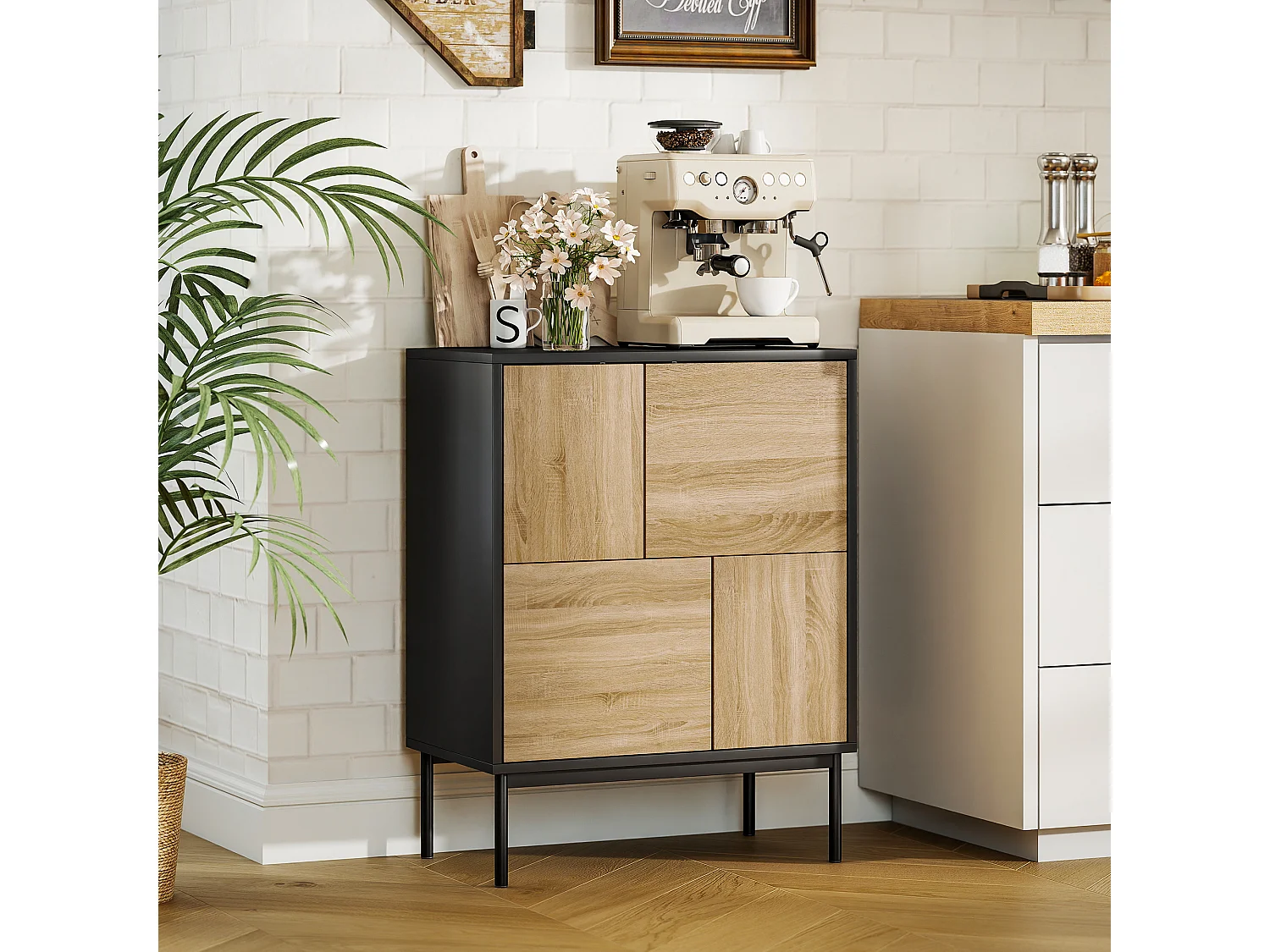 Buffet design 4 portes asymétriques effet bois noir dim. 60 x 35 x 78 cm métal noir