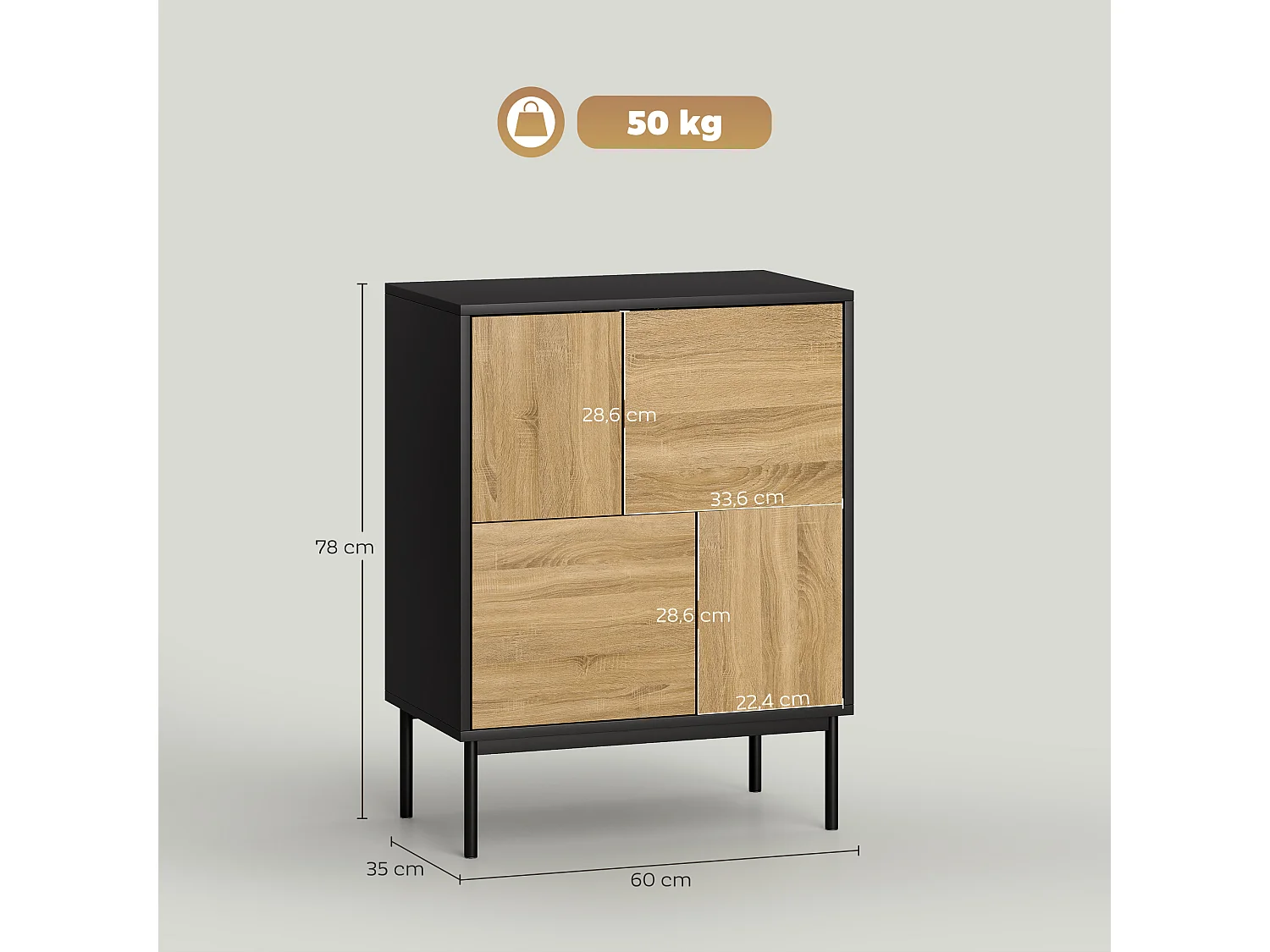 Buffet design 4 portes asymétriques effet bois noir dim. 60 x 35 x 78 cm métal noir