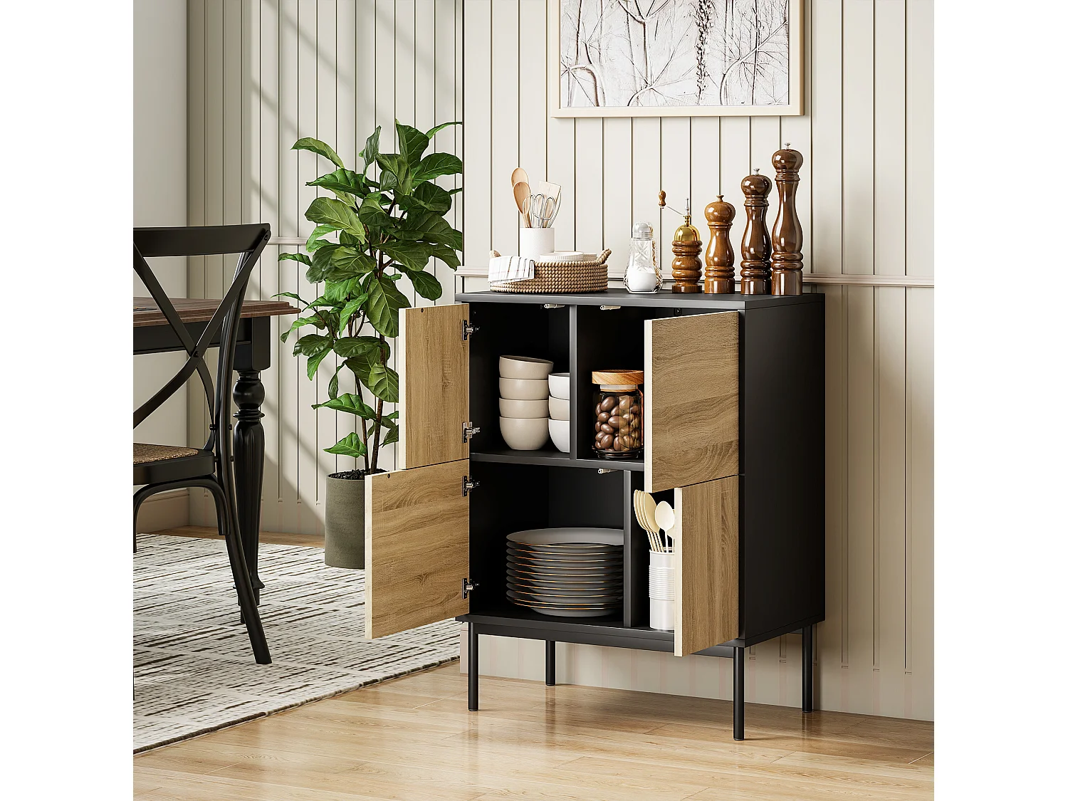 Buffet design 4 portes asymétriques effet bois noir dim. 60 x 35 x 78 cm métal noir