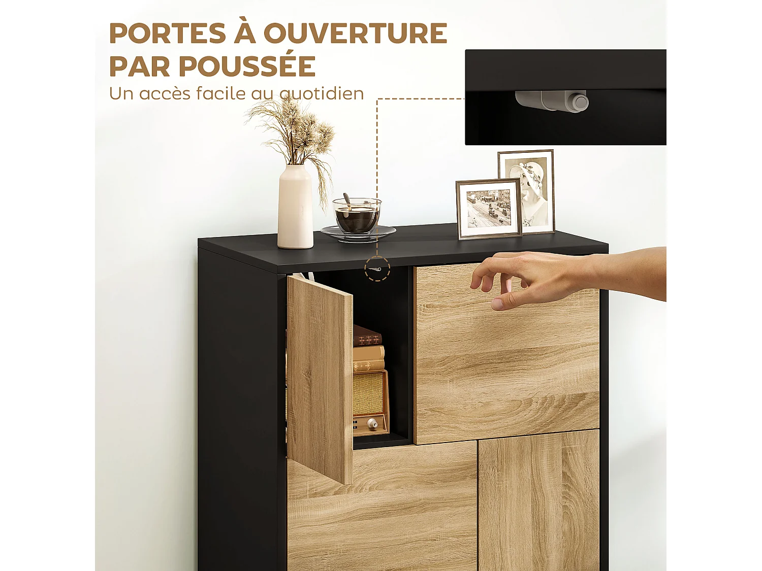Buffet design 4 portes asymétriques effet bois noir dim. 60 x 35 x 78 cm métal noir