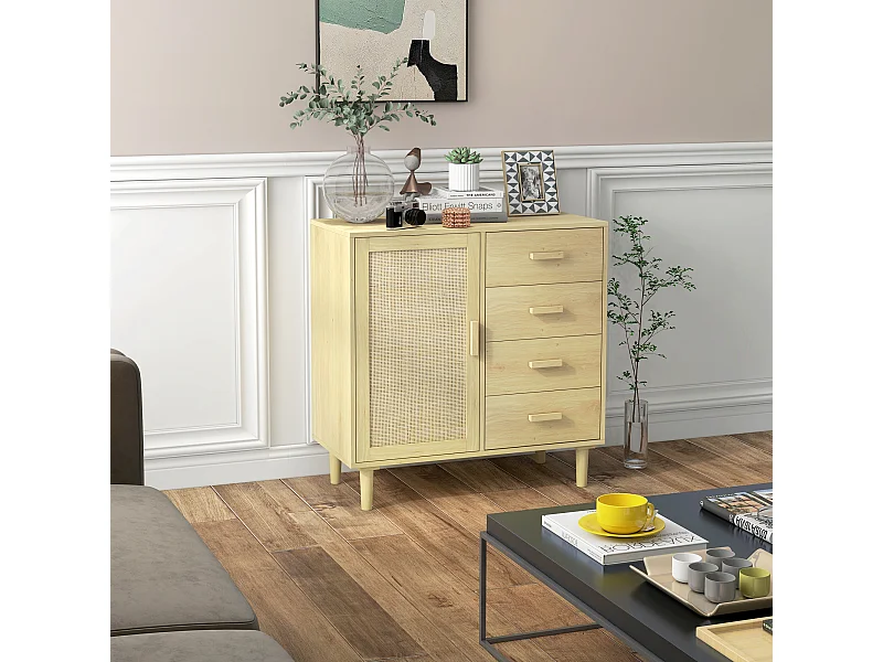Buffet cannage rotin style naturel - porte, étagère, 4 tiroirs - dim. 80 x 38 x 80,5 cm - effet bois clair