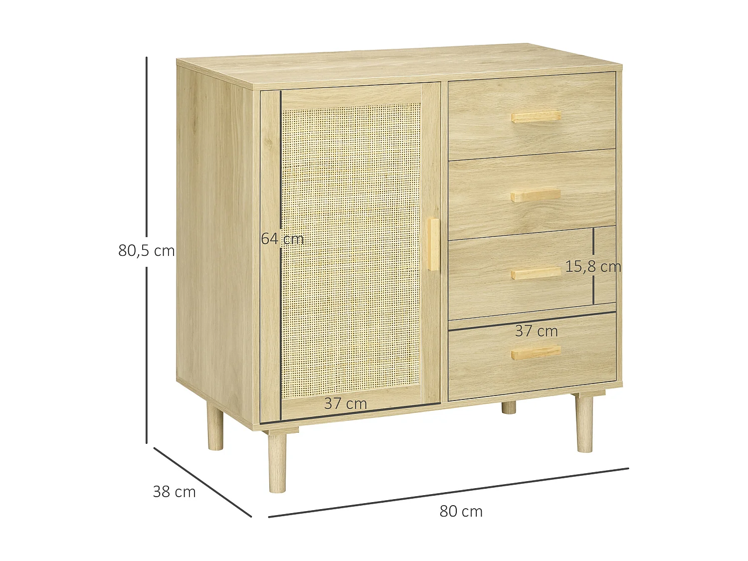 Buffet cannage rotin style naturel - porte, étagère, 4 tiroirs - dim. 80 x 38 x 80,5 cm - effet bois clair
