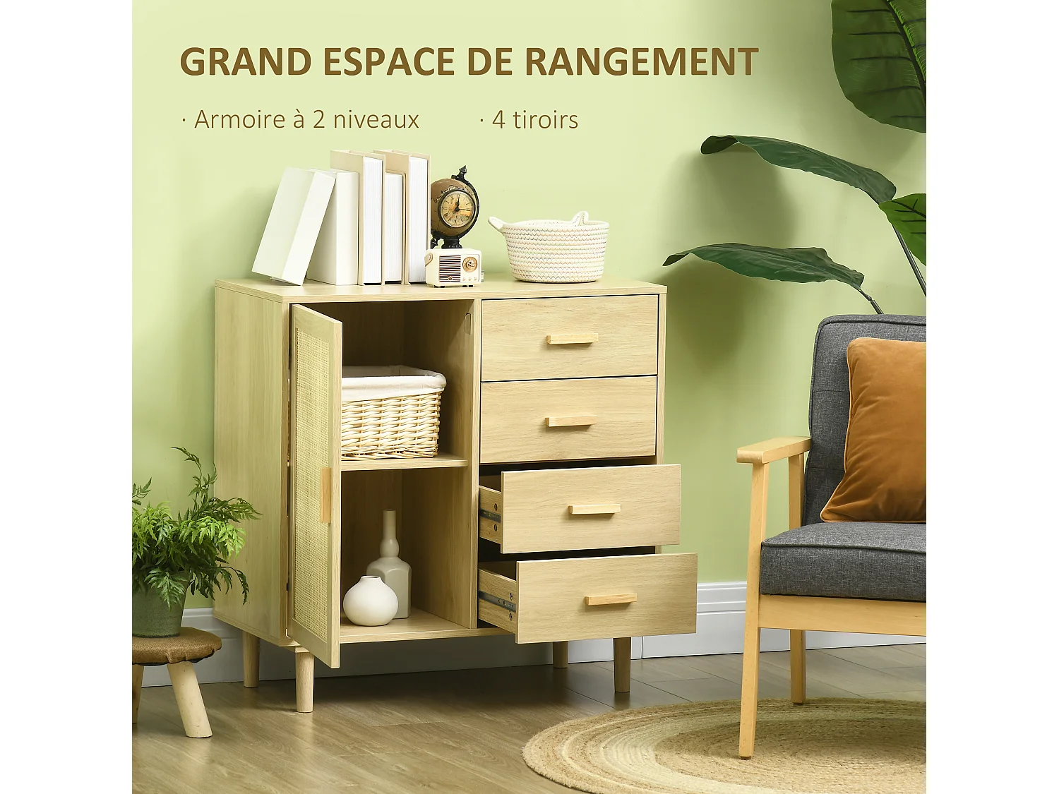 Buffet cannage rotin style naturel - porte, étagère, 4 tiroirs - dim. 80 x 38 x 80,5 cm - effet bois clair